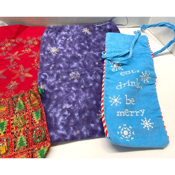 Lot of 5 Fabric Gift Bags Sacks Christmas Winter Patterns Drawstring - Picture 11 of 12